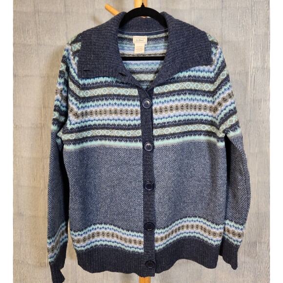 Vintage LL Bean XL $145 Blue Fair Isle Lambswool Cardigan Heritage Prep - Picture 1 of 7